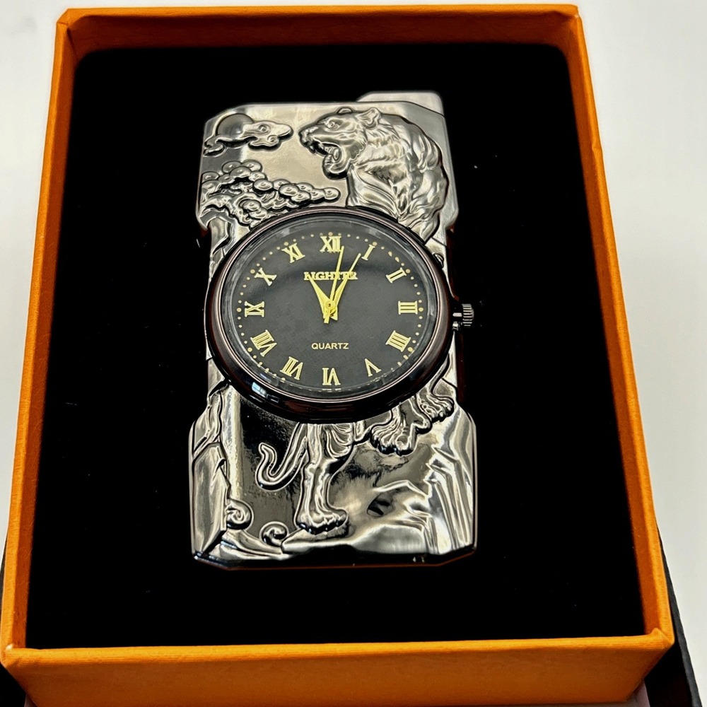 Tiger Black Luxury Quartz Watch Butane Gas Cigar Lighter Windproof  Blue Flame